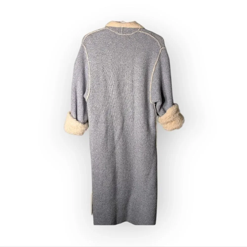 MOTH Anthro Blue Grey Cream Faux Fur Lined Long Sleeve Cardigan M L